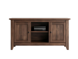 Elegant dark wood media console with storage and open shelving for modern living spaces
