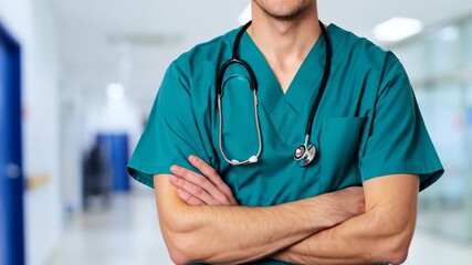 A close-up, mid-section shot of a doctor or medical professional in green scrubs with a stethoscope, standing confidently with crossed arms in a hospital hallway. - Powered by Adobe