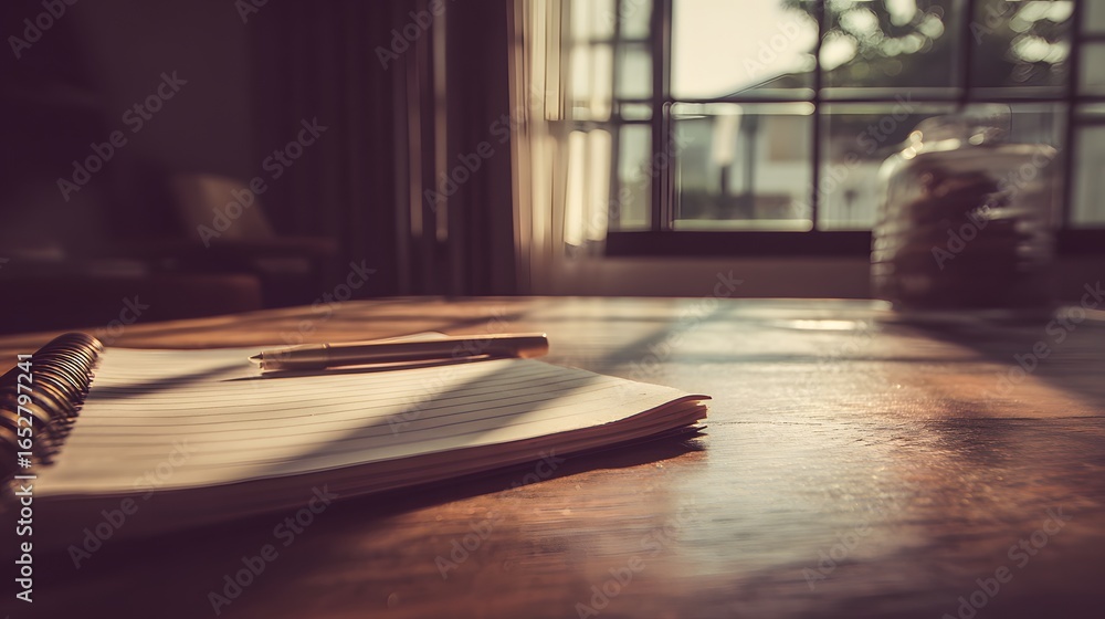 Poster a spiral-bound notebook rests on a wooden table, bathed in sunlight streaming through a window, crea