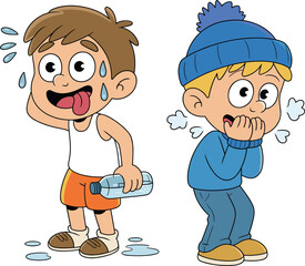 Cartoon boys feeling hot and cold, summer heat and winter chill contrast, children experiencing extreme temperatures, sweating and shivering illustration