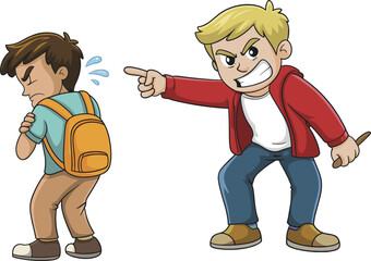 Cartoon bullying scene vector illustration, aggressive boy pointing and yelling at scared student with backpack, school violence and conflict concept.