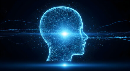 Futuristic digital human head silhouette made of glowing blue particles with a bright light flare representing consciousness.