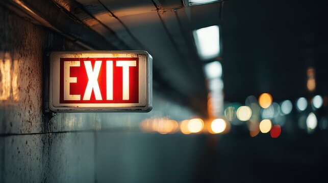 High quality photo of illuminated red exit sign in a dimly lit tunnel.
