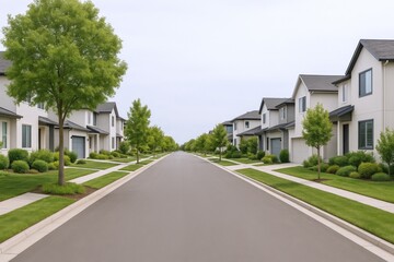 Naklejka premium Suburban Street View with Modern Homes, Green Lawns, and Trees on a Cloudy Day