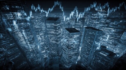 Financial District at Night with Stock Market Overlay: Modern Business and Investment Concept