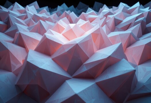 Estructura 3D abstracta de prismas triangulares en capas, con reflejos pastel brillantes, que forman una superficie teselada din&aacute;mica