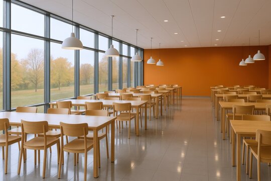 Bright Empty Cafeteria with Large Windows and Modern Design Featuring Tables and Chairs