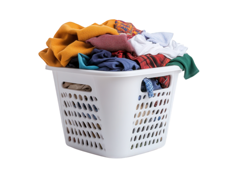 Overflowing laundry basket filled with colorful clothes ready for washing day chore