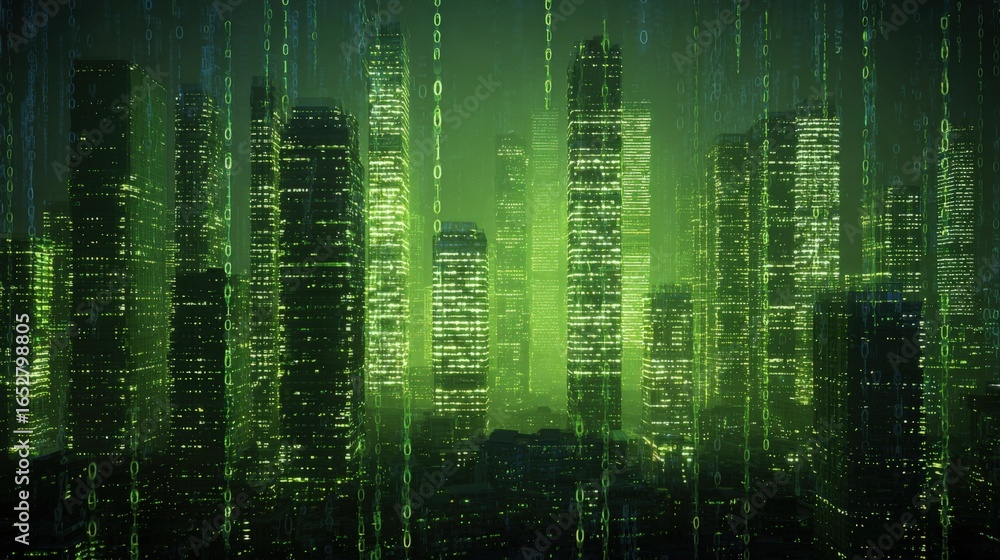 Poster digital cityscape: futuristic metropolis with binary code overlay, representing technology and innov