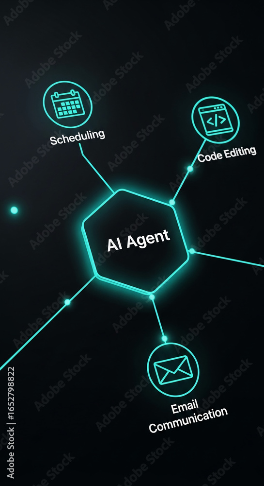 Poster neon teal ai agent graphic showcasing scheduling, code editing, and email communication functions, s