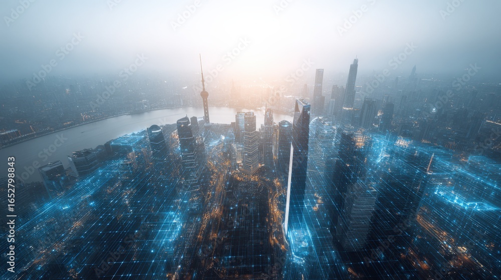 Poster futuristic cityscape with digital network overlay: modern metropolis and connectivity concept in haz