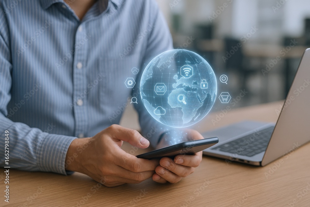 Poster global connection: man using smartphone with digital globe overlay for business and communication te