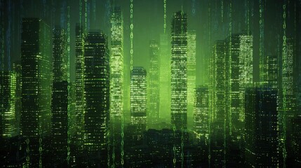 Digital Cityscape: Futuristic Metropolis with Binary Code Overlay, Representing Technology and Innovation