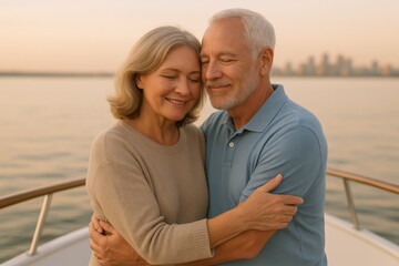Obraz premium Affectionate Senior Couple Embracing on a Yacht at Sunset, Enjoying a Romantic Getaway with Cityscape in Background