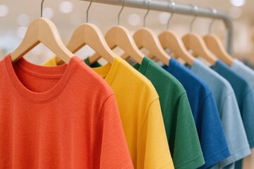 Obraz premium Colorful T-shirts Hanging on Rack: Apparel Display for Retail, Fashion, and Clothing Store Concepts