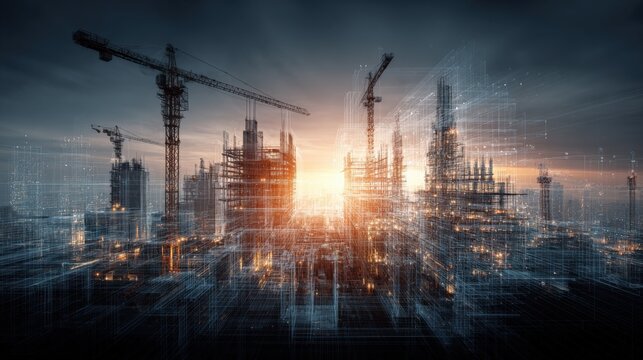 Construction Site Silhouette with Cranes Against Sunset Sky and Digital Augmented Reality Overlay Illustration