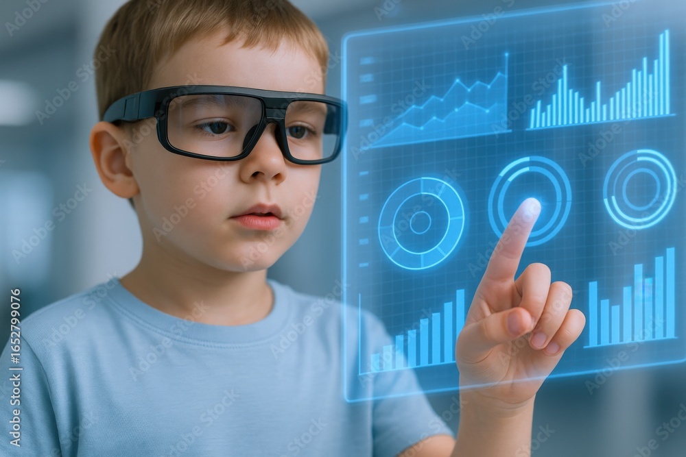 Poster boy interacting with futuristic augmented reality interface displaying data visualizations and chart