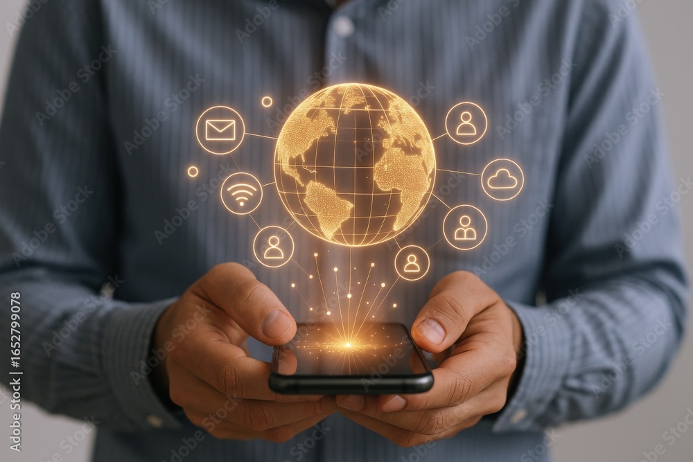 Poster global communications technology: man holds smartphone displaying holographic globe with network ico