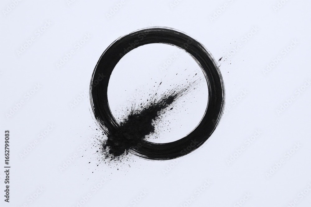 Aufkleber abstract black circle brushstroke with splatter effect on white background - artistic element for de