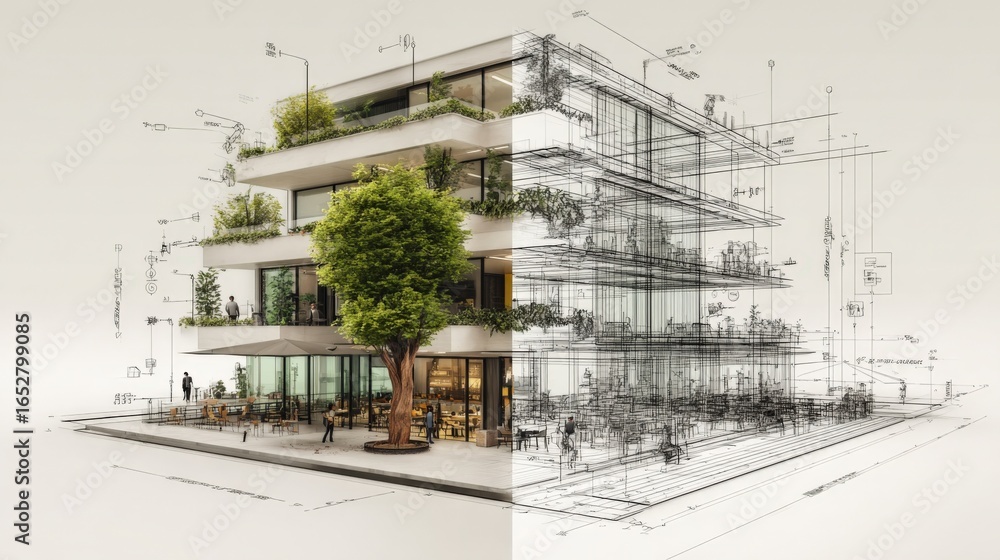 Poster architectural visualization of modern building with sketch and rendered elements blended for design 