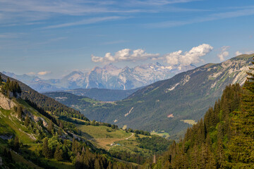 Breathtaking view of French Alps and mountain valley from Route de la Colombiere in Le Reposoir, Haute Savoie