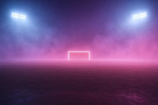 Abstract Neon Goal in a Stadium with Fog and Powerful Lights, Surreal Dark Environment