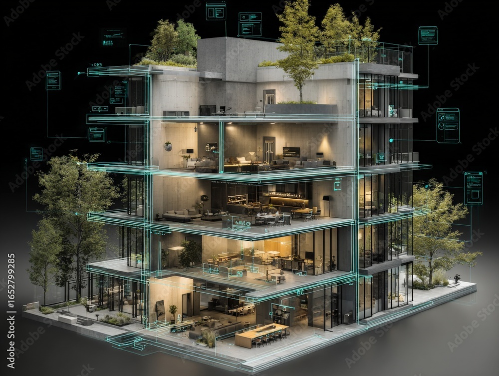 Poster modern sustainable building cross section visualization with data overlay for architectural and engi