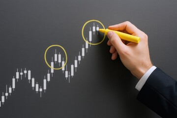 Financial Analyst Highlights Stock Market Trends with Yellow Marker on Dark Background, Investment Strategy
