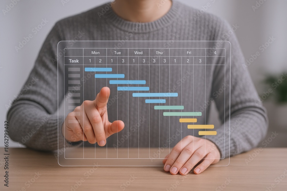 Poster Project Management: Man Interacting with Gantt Chart Interface Displaying Planning and Scheduling Tasks