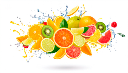  imagen hiperrealista de una explosión de frutas citricas, con diversas frutas frescas flotando en el aire en pleno estallido dinámico. Las frutas aparecen cortadas y enteras. PNG