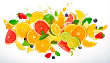  imagen hiperrealista de una explosión de frutas citricas, con diversas frutas frescas flotando en el aire en pleno estallido dinámico. Las frutas aparecen cortadas y enteras. PNG