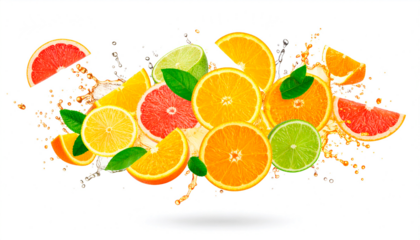  imagen hiperrealista de una explosión de frutas citricas, con diversas frutas frescas flotando en el aire en pleno estallido dinámico. Las frutas aparecen cortadas y enteras. PNG