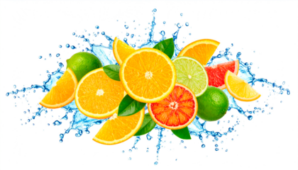  imagen hiperrealista de una explosión de frutas citricas, con diversas frutas frescas flotando en el aire en pleno estallido dinámico. Las frutas aparecen cortadas y enteras. PNG