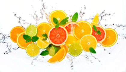  imagen hiperrealista de una explosión de frutas citricas, con diversas frutas frescas flotando en el aire en pleno estallido dinámico. Las frutas aparecen cortadas y enteras. PNG