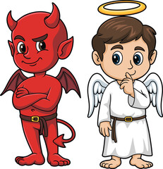 Cartoon devil and angel characters, cute red devil with wings, friendly angel with halo, good versus evil illustration, fantasy character design