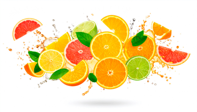  imagen hiperrealista de una explosión de frutas citricas, con diversas frutas frescas flotando en el aire en pleno estallido dinámico. Las frutas aparecen cortadas y enteras. PNG