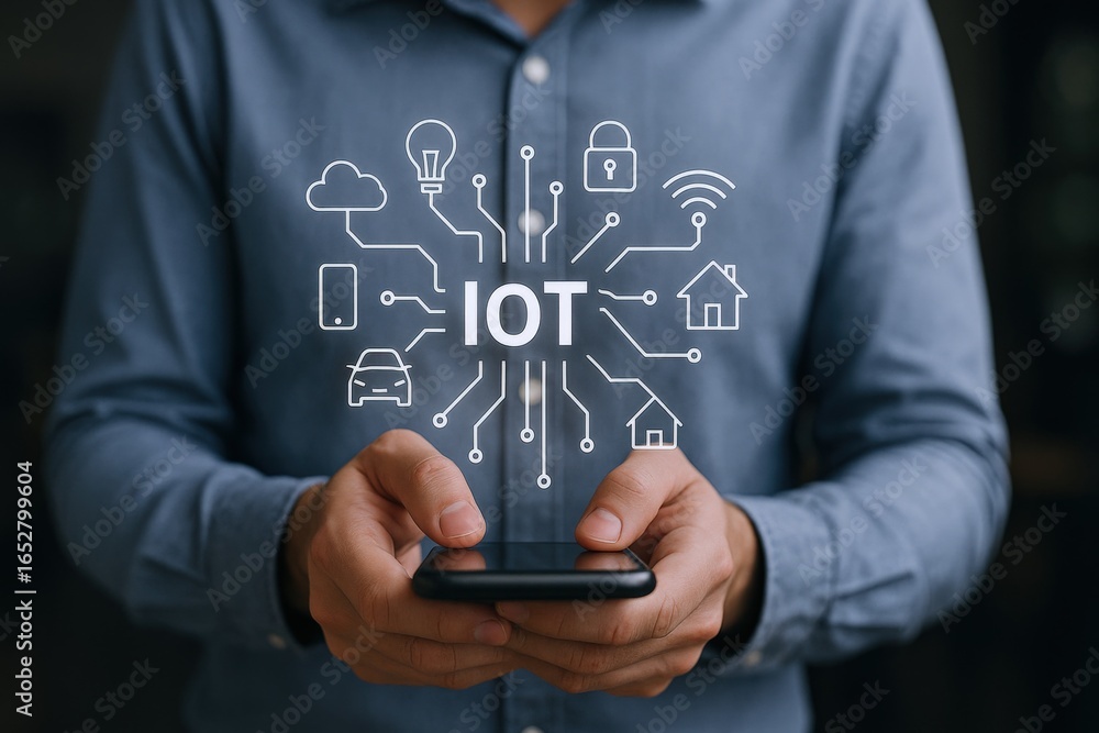 Poster man holding phone displaying iot connection, future technology, smart home and communication network