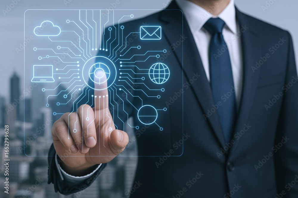 Poster businessman touches virtual interface displaying data, network and connections, digital transformati