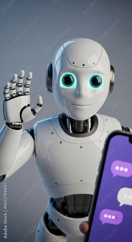 Poster friendly robot waves, holding smartphone displaying message bubbles, symbolizing ai assistance and c