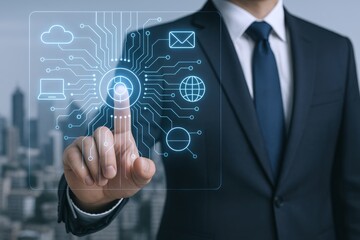 Businessman touches virtual interface displaying data, network and connections, digital transformation concept, artificial intelligence