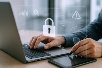 Cybersecurity Professional Analyzing Threat Data on Laptop with Padlock Icon Overlay and Tablet for Enhanced Protection