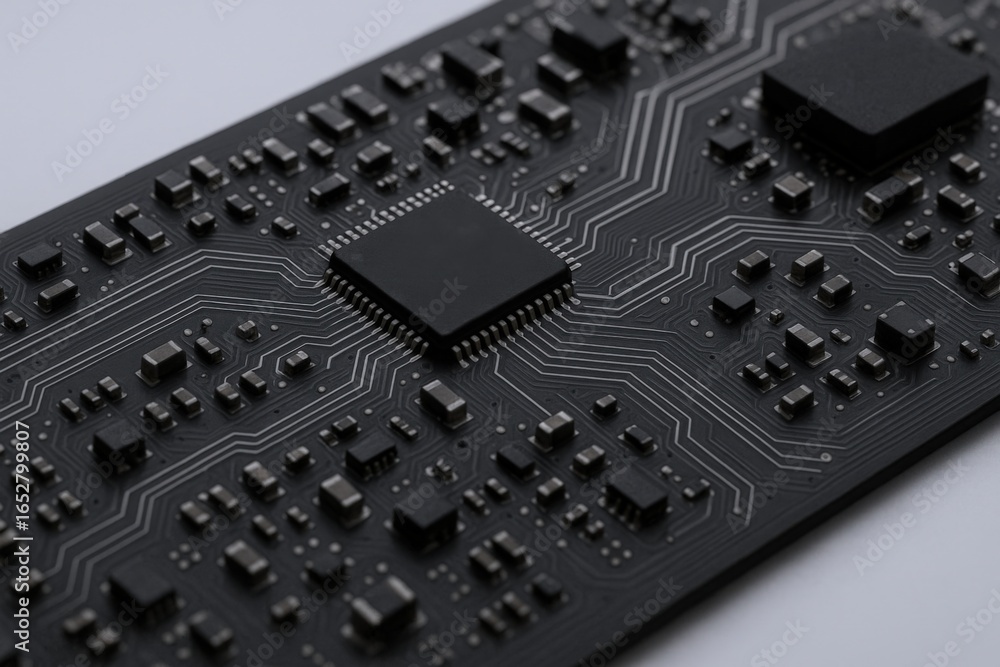 Poster close-up of a modern computer circuit board with microchips and electrical components, showing conne