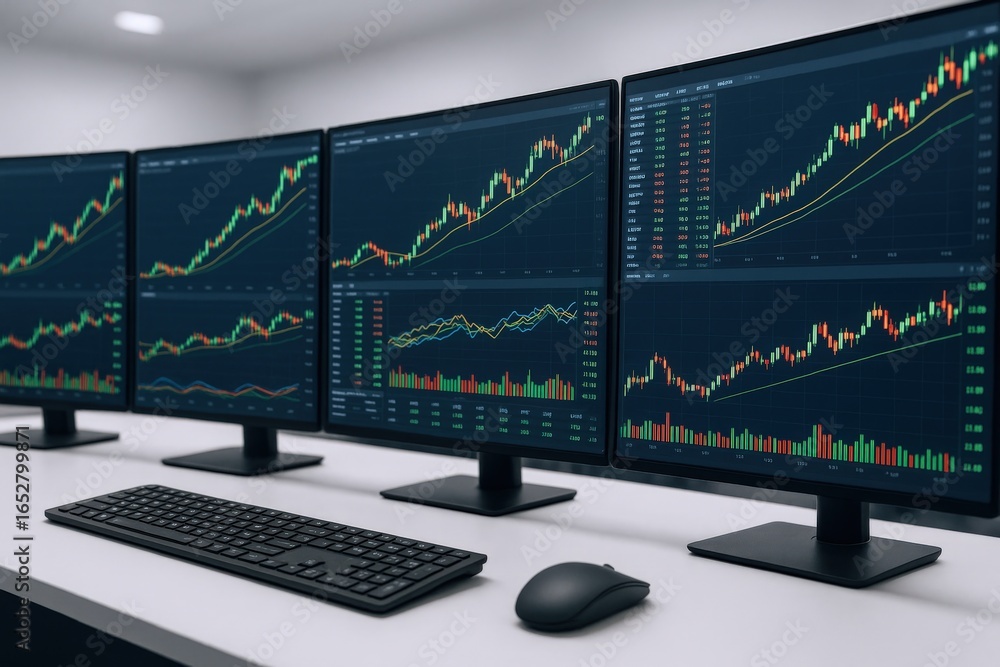 Poster stock market analysis on multiple computer screens displaying financial data and charts for trading