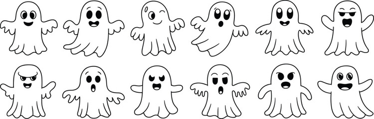 Cartoon ghost vector set, funny Halloween ghost icons, cute spooky spirits, black and white illustrations, ghost expressions collection