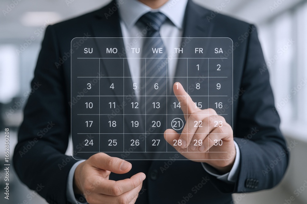Poster businessman planning and scheduling with a virtual calendar on a transparent touchscreen interface f