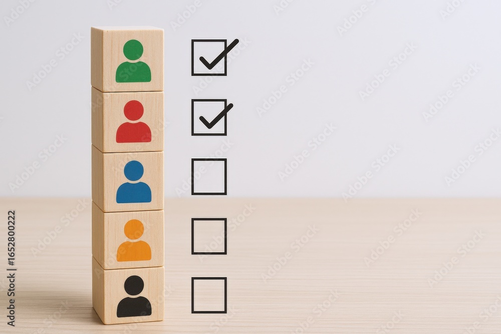 Aufkleber team member selection process depicted through wooden blocks and checklist on bright backdrop