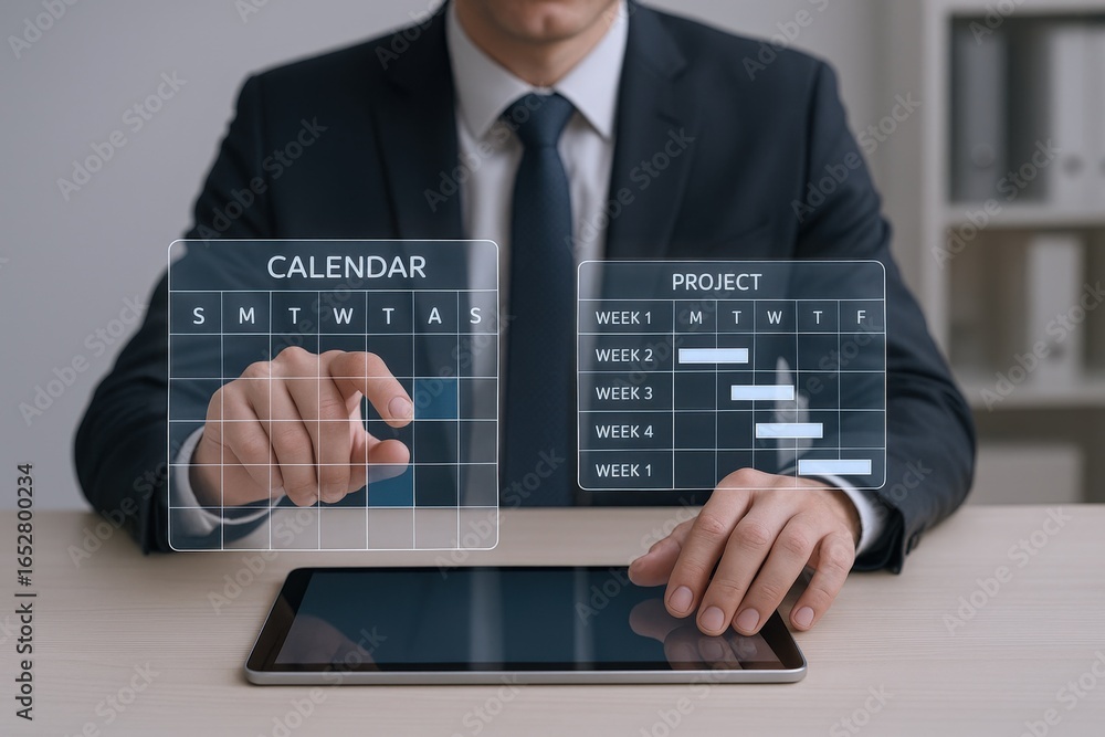 Poster project management interface: businessman using digital calendar and project timeline for strategic 