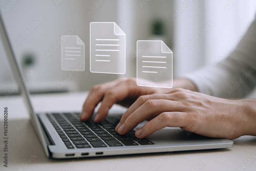 Aufkleber document management: hands typing on laptop with digital files, business efficiency and workflow aut
