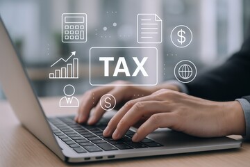 Tax Preparation on Laptop with Financial Icons Representing Business Accounting and Planning Solutions