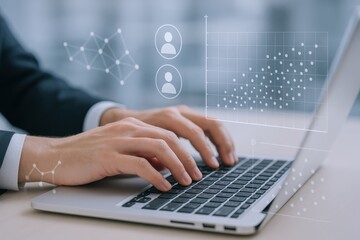 Business Professional Analyzing Data and Typing on Laptop Keyboard, Conceptual Interface Graphic Overlaying